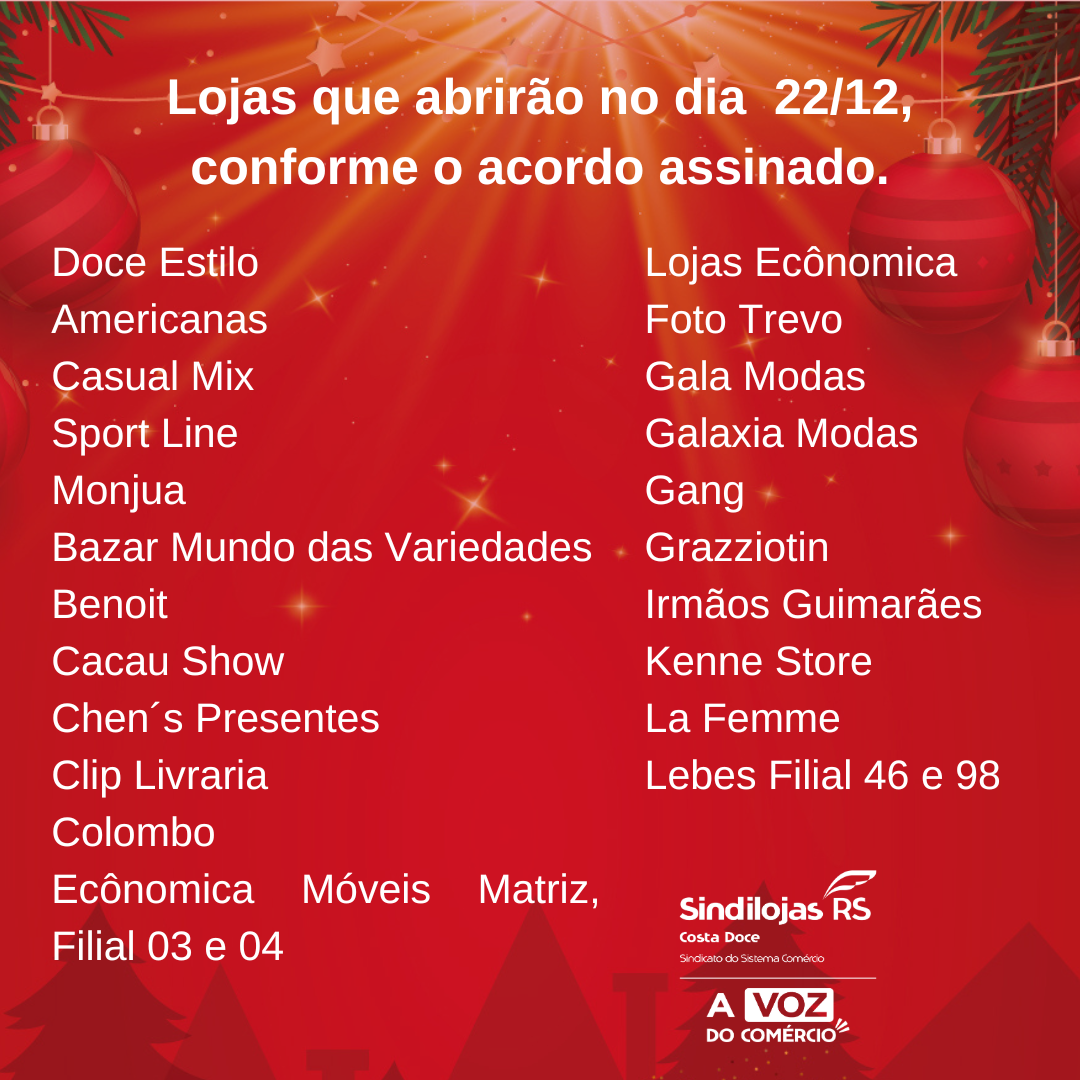 Abertura do comércio no domingo 22/12.