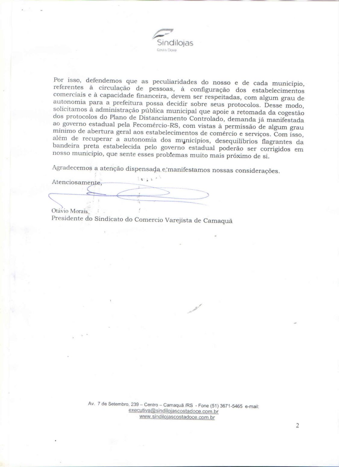 SOLICITAÇÃO: Sindilojas Costa Doce envia oficio para o Prefeito Ivo Ferreira 